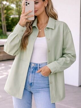 Böhme Sage Green Vegan Leather Shacket | Size M | Oversized Shirt Jacket